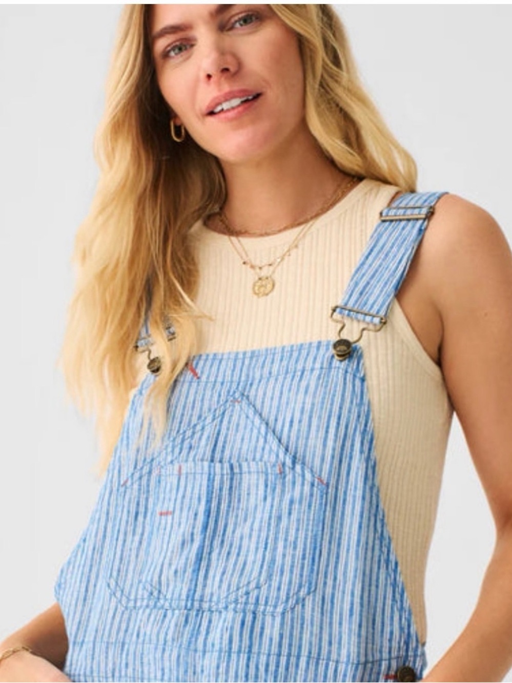 Faherty Linen Mechanic Overalls in a blue and white railroad stripe Size Medium
